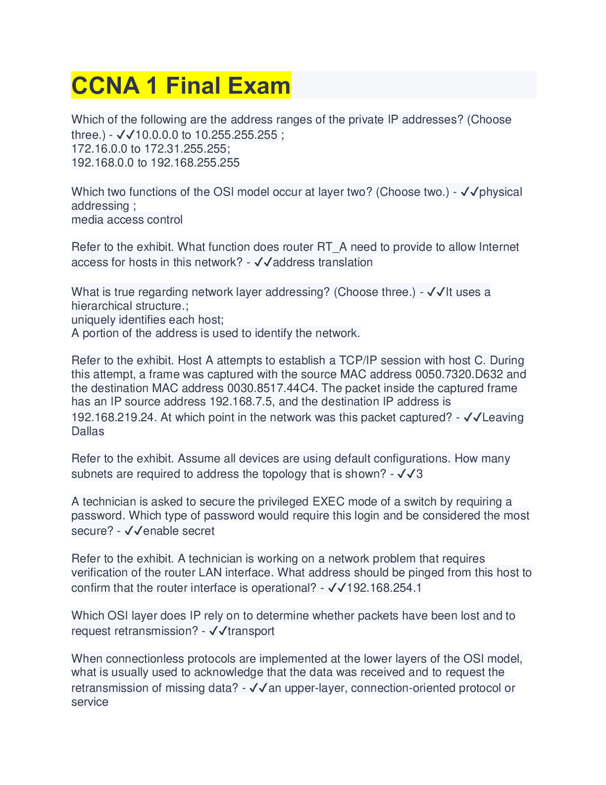 CCNA 1 Final Exam - Browsegrades